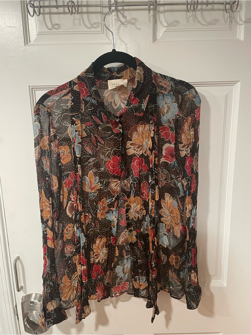 Sézane Floral Tie-Neck Blouse in dark brown floral pattern